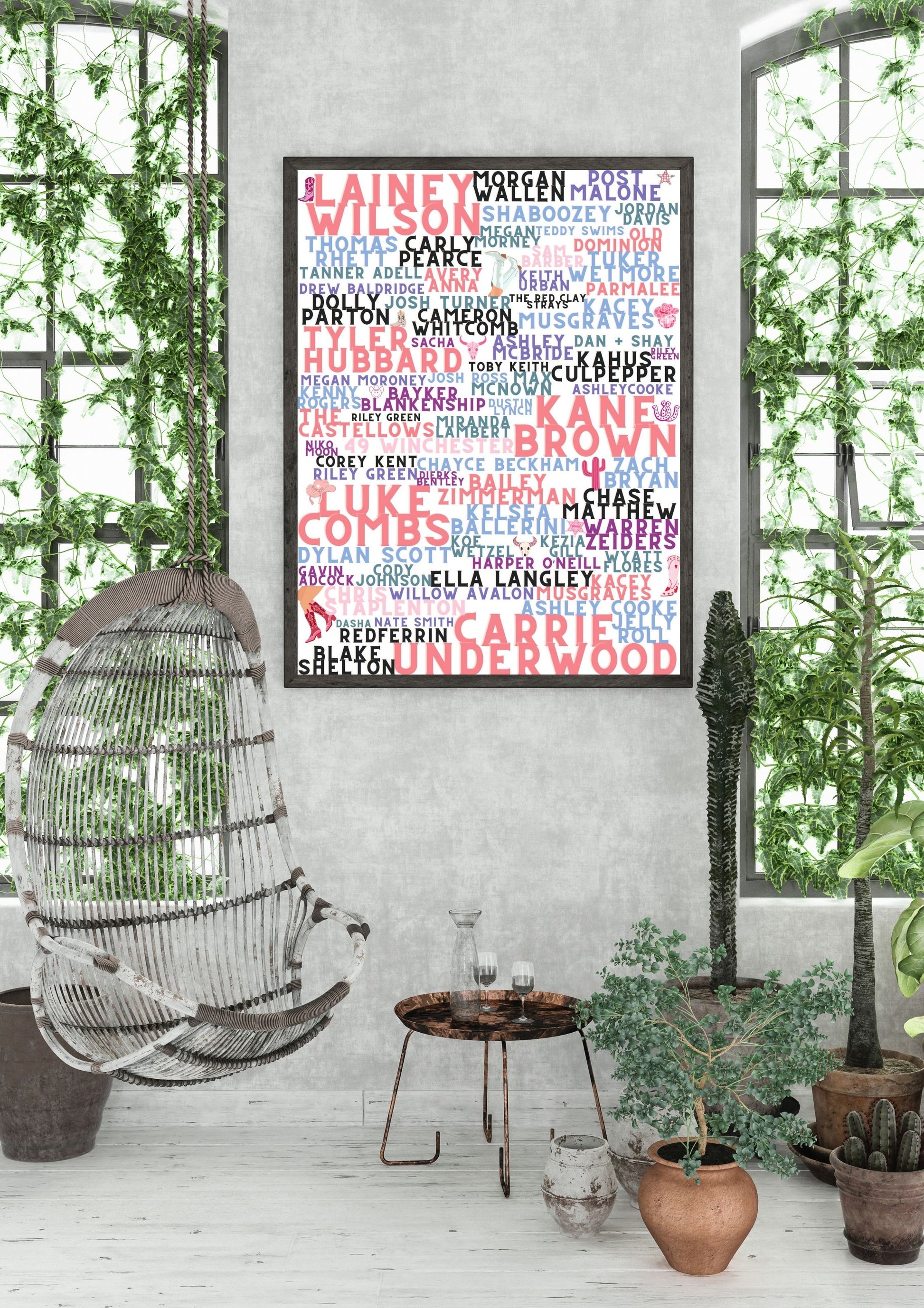 Pink Country Music Artist Word Art Print – Lainey Wilson, Morgan Wallen, Carrie Underwood, Luke Combs & More –  Country Concert Décor (A4 & A5)