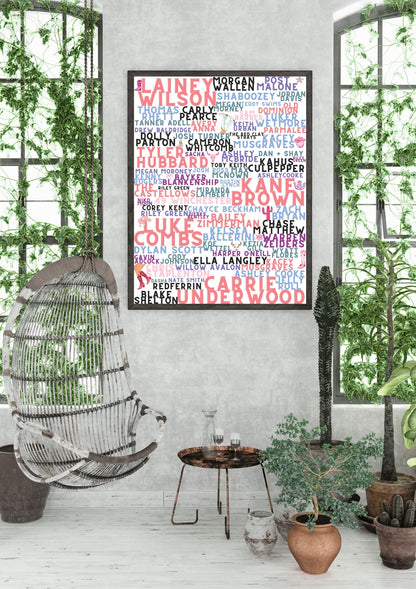 Pink Country Music Artist Word Art Print – Lainey Wilson, Morgan Wallen, Carrie Underwood, Luke Combs & More –  Country Concert Décor (A4 & A5)