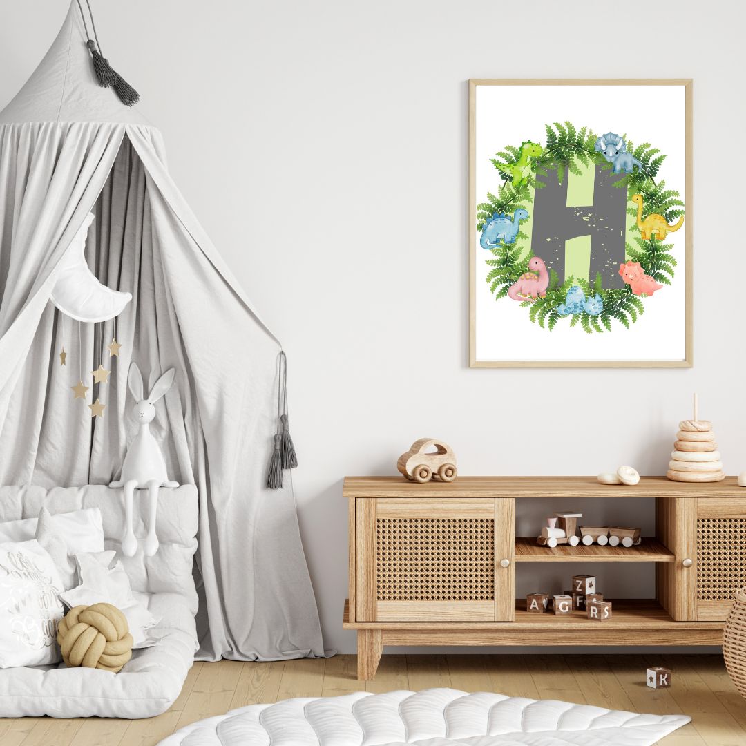 Dinosaur A-Z Alphabet Monogram Wall Art Print – Personalized Prehistoric Nursery Décor, Kids Room Printable, Educational Dinosaur Name Initial Poster