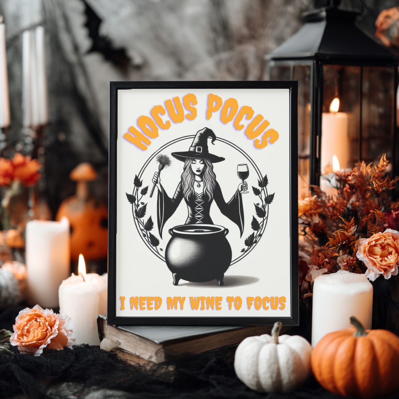 Hocus Pocus I Need My Wine To Focus - Funny Halloween Kitchen Décor - Spooky Wall Décor - Cute Wine Print - Neutral Spooky Poster