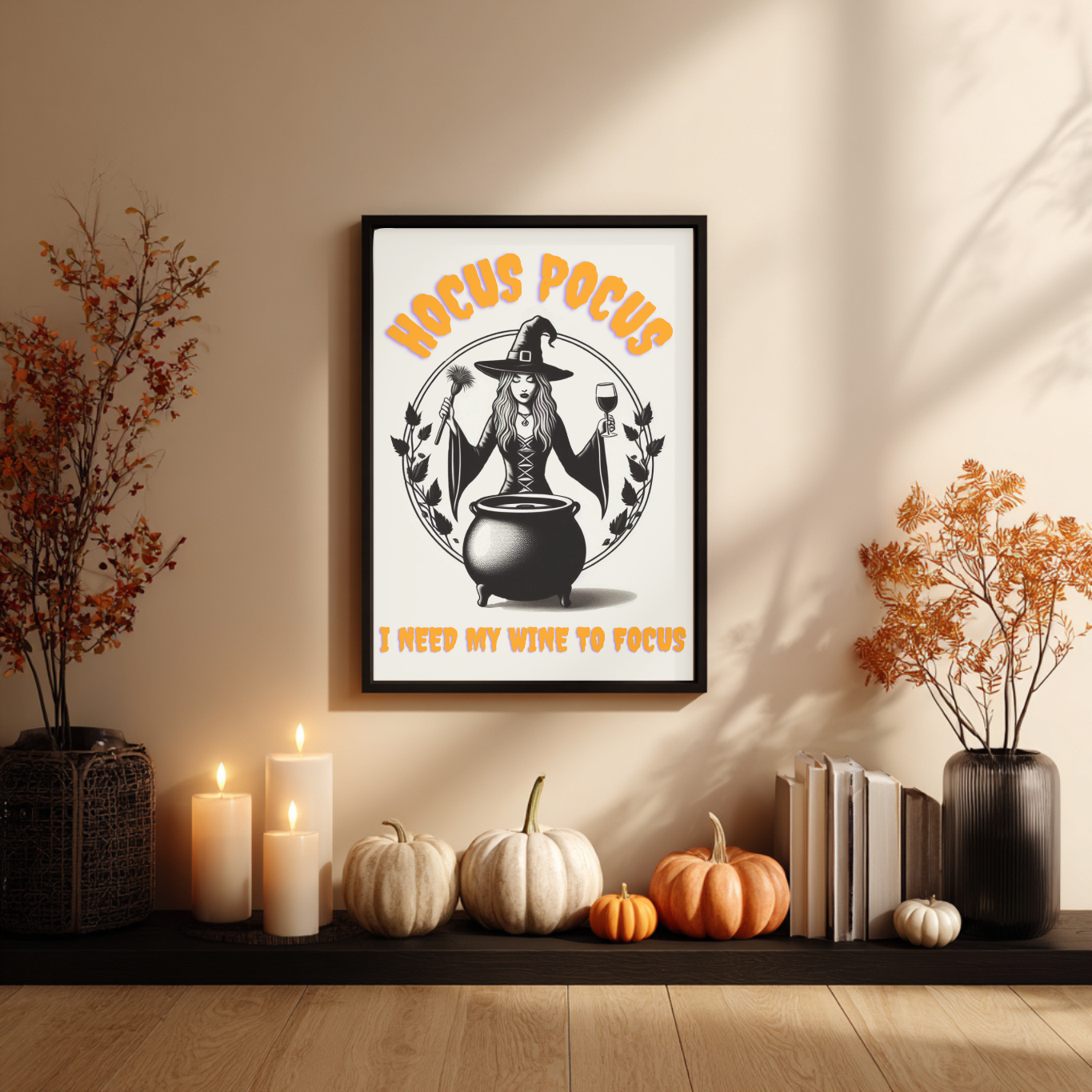 Hocus Pocus I Need My Wine To Focus - Funny Halloween Kitchen Décor - Spooky Wall Décor - Cute Wine Print - Neutral Spooky Poster