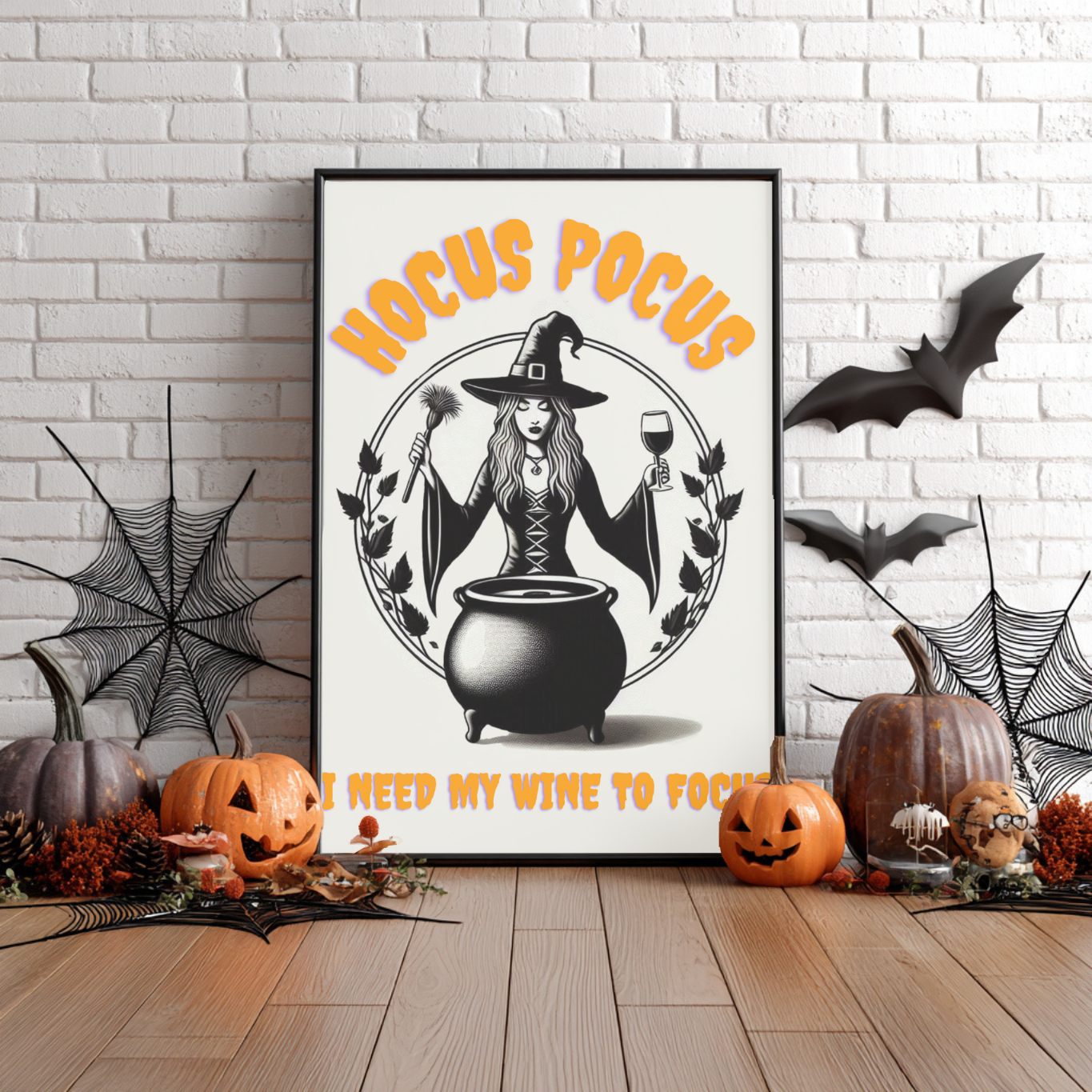 Hocus Pocus I Need My Wine To Focus - Funny Halloween Kitchen Décor - Spooky Wall Décor - Cute Wine Print - Neutral Spooky Poster
