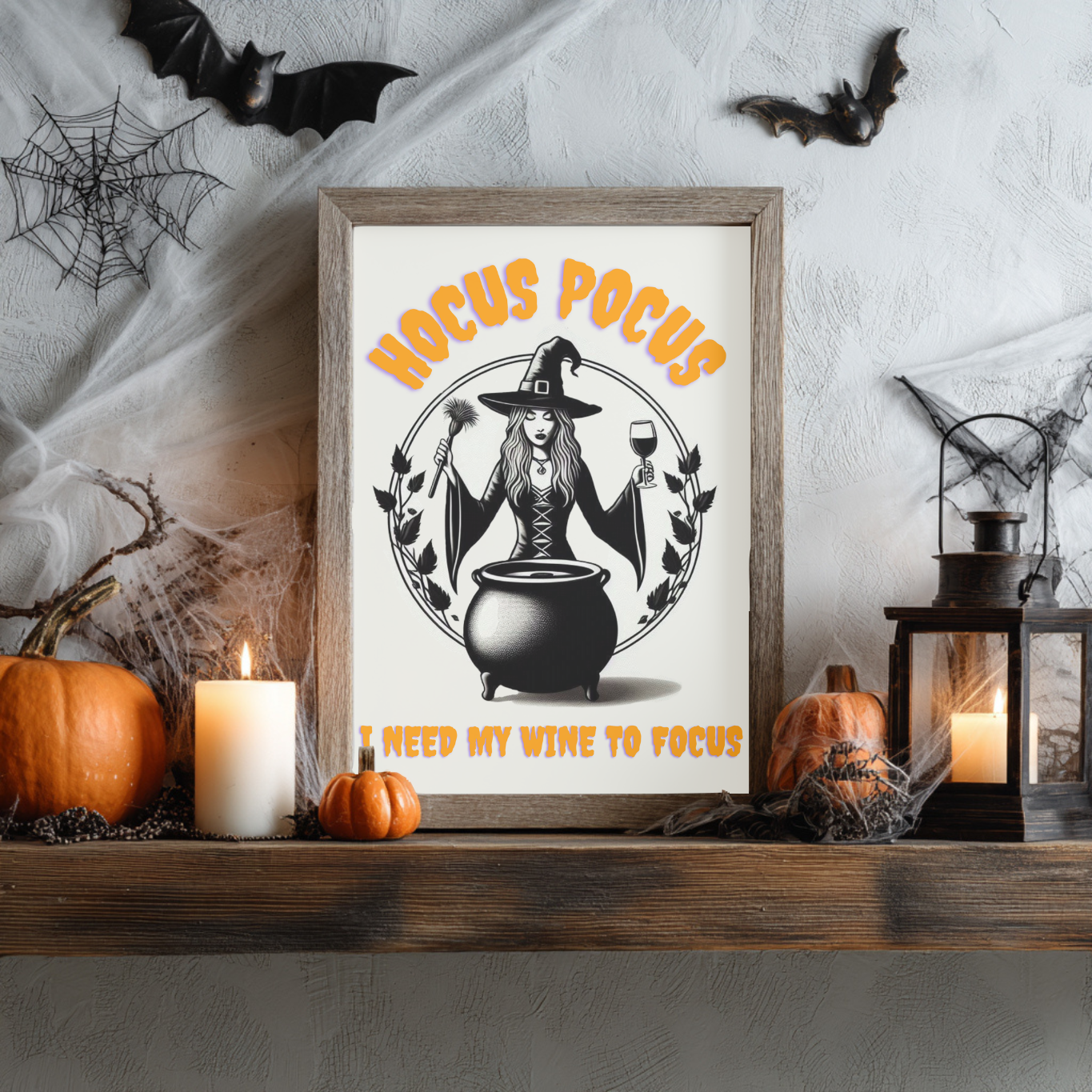 Hocus Pocus I Need My Wine To Focus - Funny Halloween Kitchen Décor - Spooky Wall Décor - Cute Wine Print - Neutral Spooky Poster