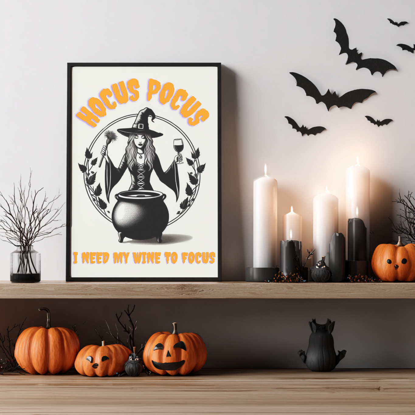 Hocus Pocus I Need My Wine To Focus - Funny Halloween Kitchen Décor - Spooky Wall Décor - Cute Wine Print - Neutral Spooky Poster