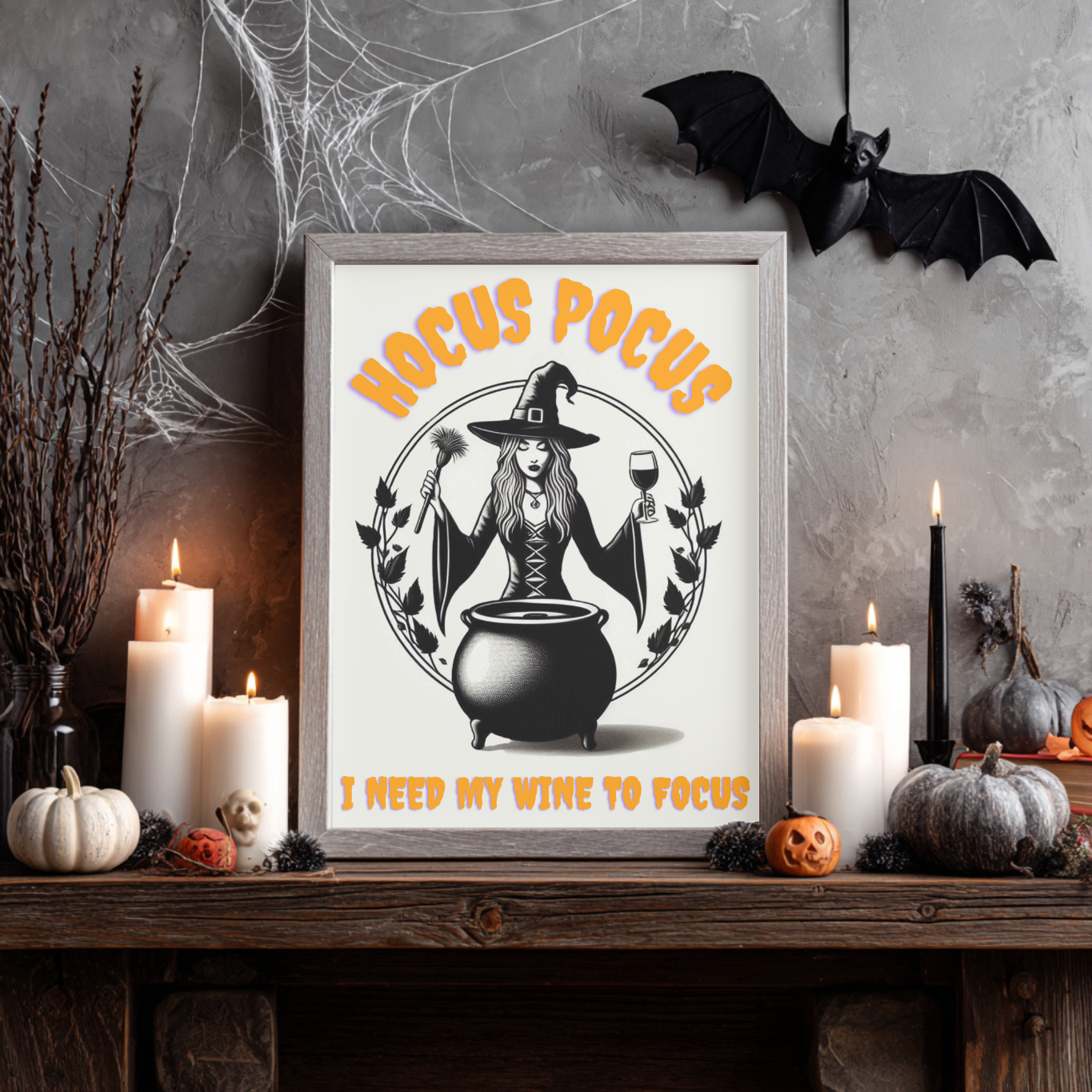 Hocus Pocus I Need My Wine To Focus - Funny Halloween Kitchen Décor - Spooky Wall Décor - Cute Wine Print - Neutral Spooky Poster