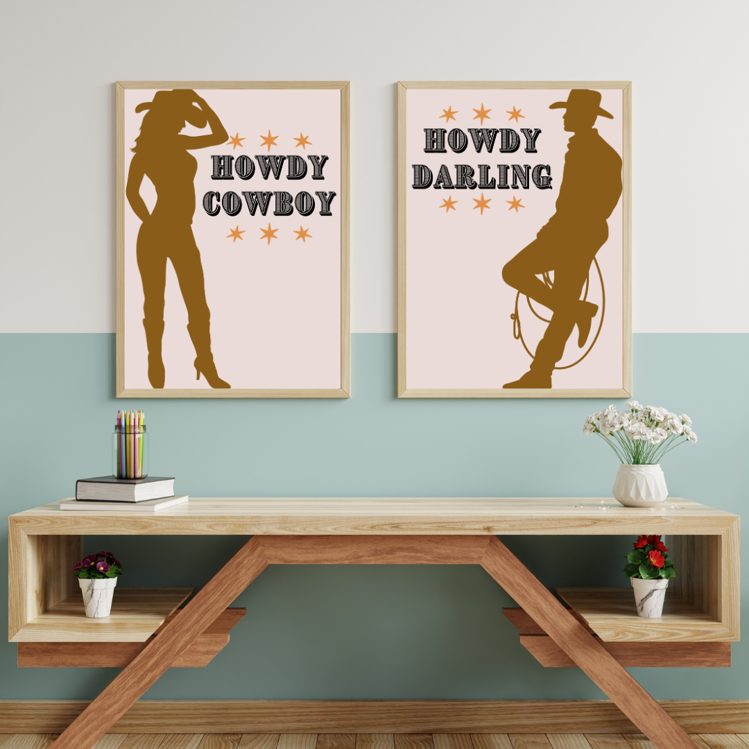 Howdy Darling & Howdy Cowboy Western Wall Art Prints – Country Couple Décor, Rustic Farmhouse for Bedroom, Lounge or Dorm Room