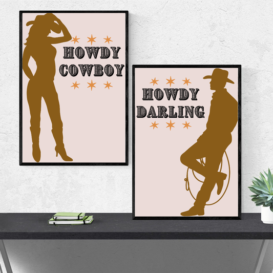 Howdy Darling & Howdy Cowboy Western Wall Art Prints – Country Couple Décor, Rustic Farmhouse for Bedroom, Lounge or Dorm Room