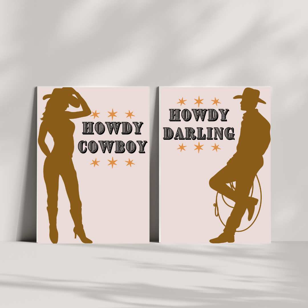 Howdy Darling & Howdy Cowboy Western Wall Art Prints – Country Couple Décor, Rustic Farmhouse for Bedroom, Lounge or Dorm Room