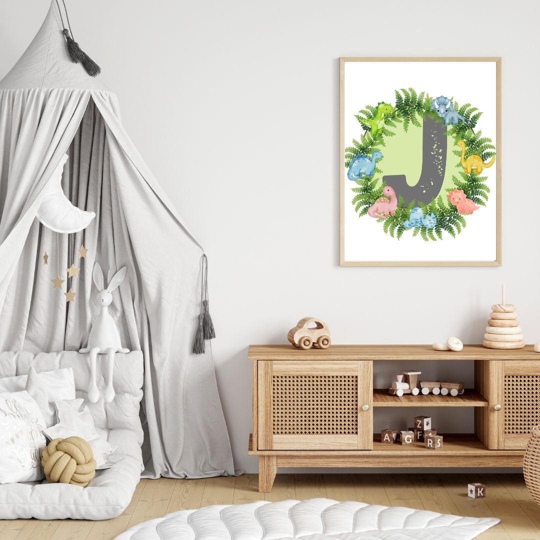 Dinosaur A-Z Alphabet Monogram Wall Art Print – Personalized Prehistoric Nursery Décor, Kids Room Printable, Educational Dinosaur Name Initial Poster