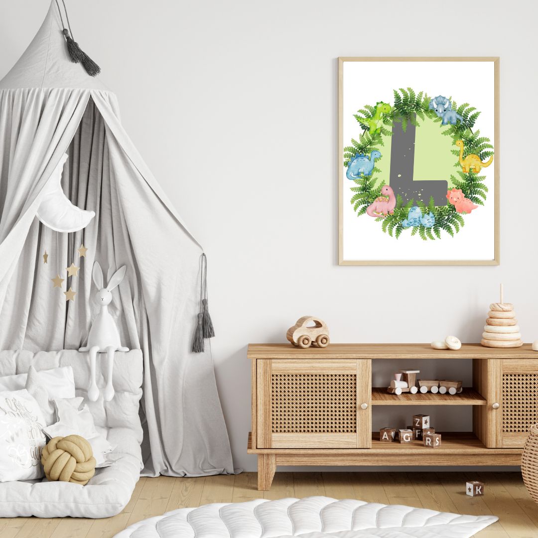 Dinosaur A-Z Alphabet Monogram Wall Art Print – Personalized Prehistoric Nursery Décor, Kids Room Printable, Educational Dinosaur Name Initial Poster