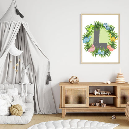 Dinosaur A-Z Alphabet Monogram Wall Art Print – Personalized Prehistoric Nursery Décor, Kids Room Printable, Educational Dinosaur Name Initial Poster