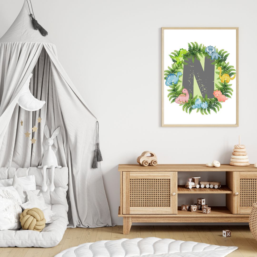 Dinosaur A-Z Alphabet Monogram Wall Art Print – Personalized Prehistoric Nursery Décor, Kids Room Printable, Educational Dinosaur Name Initial Poster