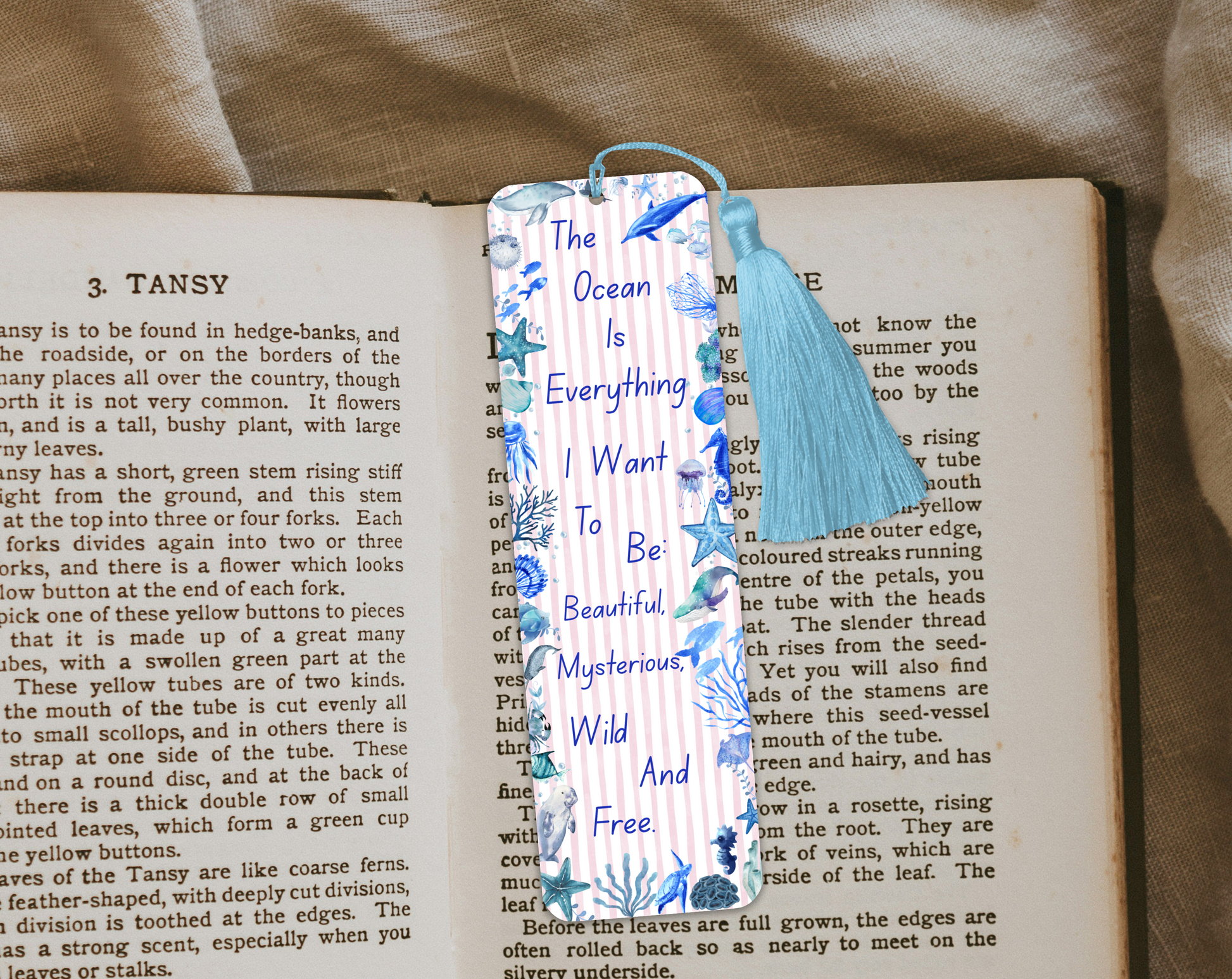 Ocean Quote Bookmark – “The Ocean Is Everything” – Marine Life Design – With Tassel Option – Charity Donation Included