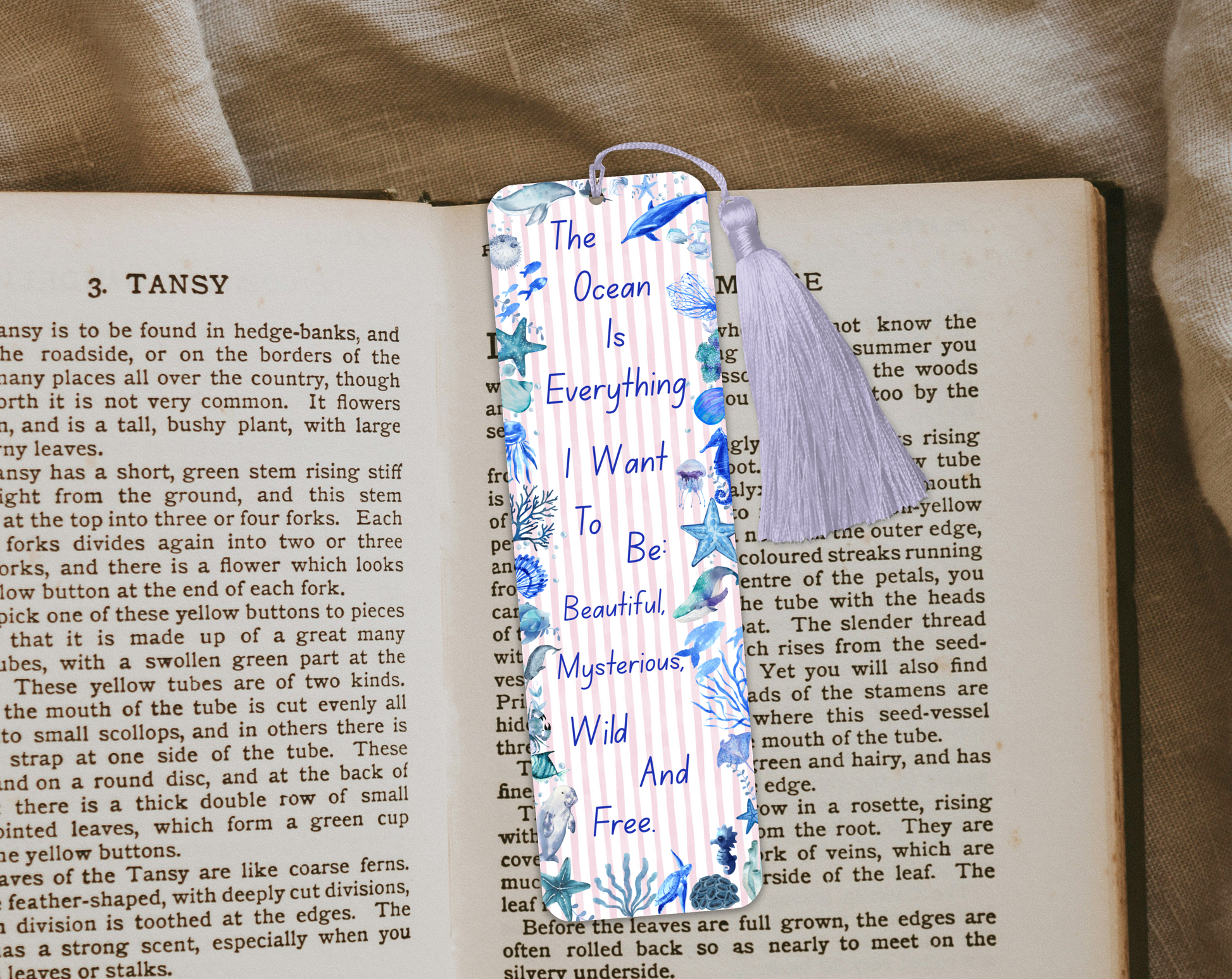 Ocean Quote Bookmark – “The Ocean Is Everything” – Marine Life Design – With Tassel Option – Charity Donation Included
