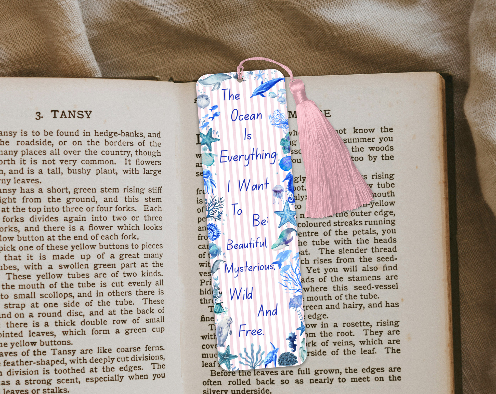 Ocean Quote Bookmark – “The Ocean Is Everything” – Marine Life Design – With Tassel Option – Charity Donation Included