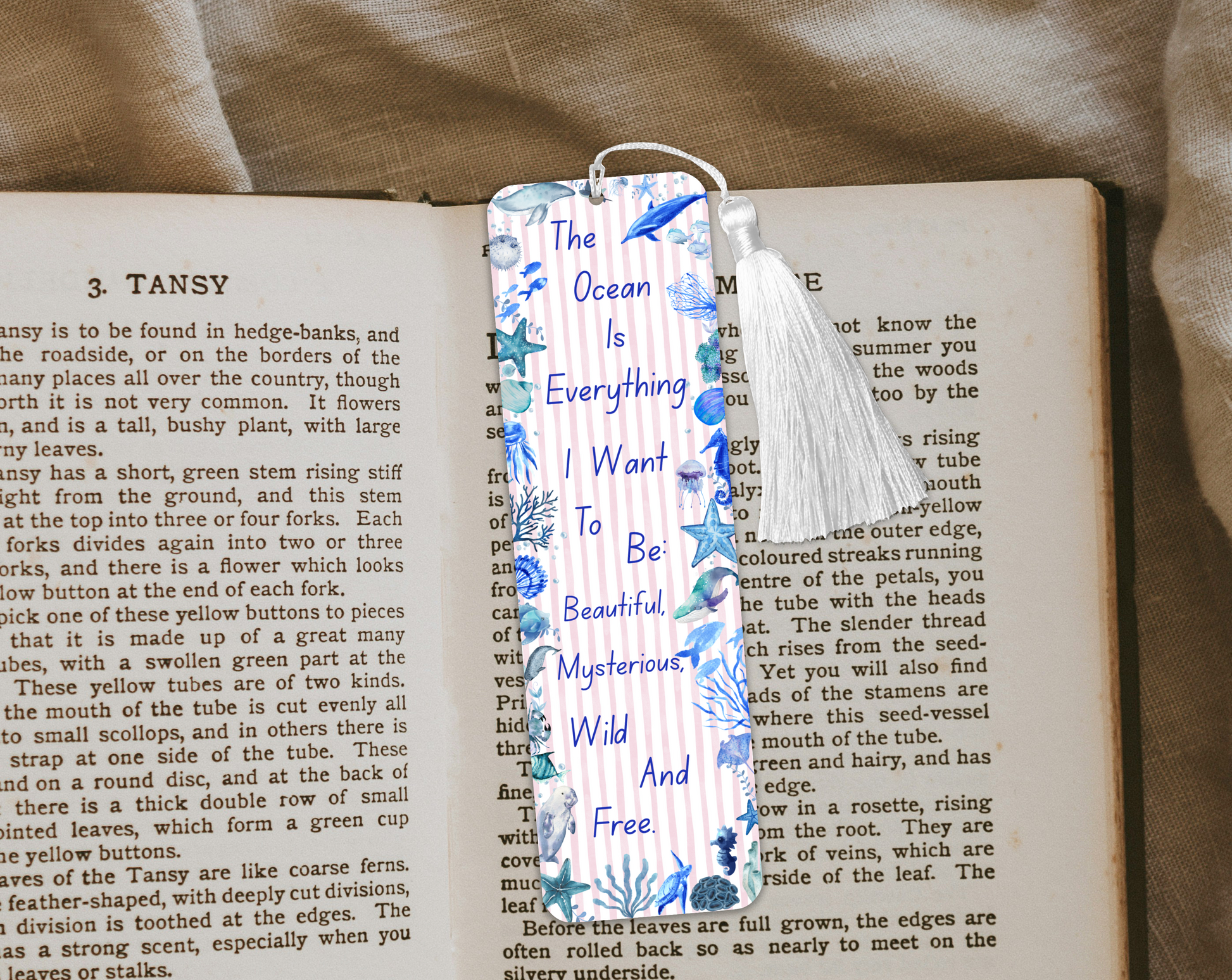Ocean Quote Bookmark – “The Ocean Is Everything” – Marine Life Design – With Tassel Option – Charity Donation Included
