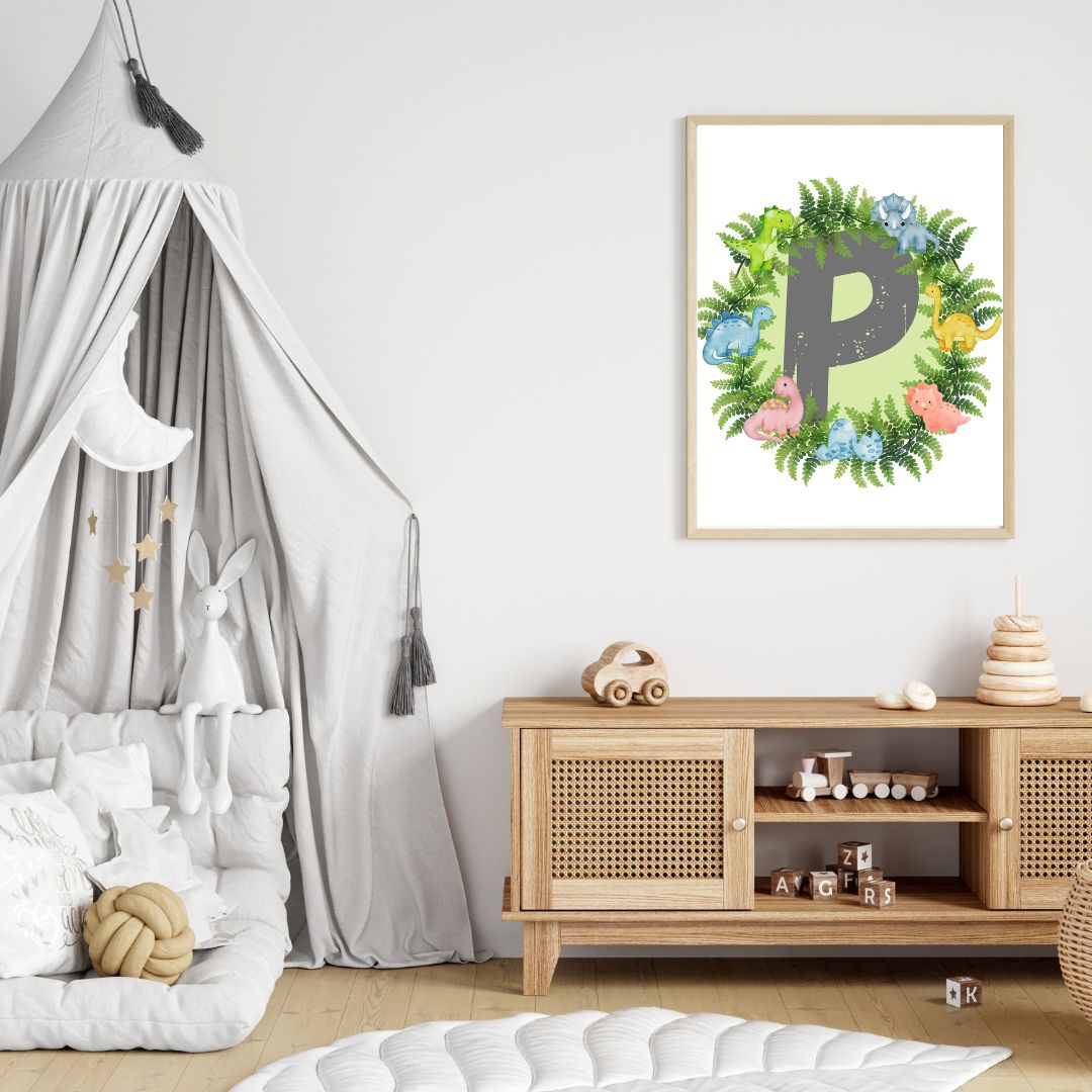 Dinosaur A-Z Alphabet Monogram Wall Art Print – Personalized Prehistoric Nursery Décor, Kids Room Printable, Educational Dinosaur Name Initial Poster