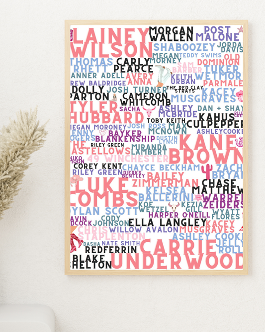 Pink Country Music Artist Word Art Print – Lainey Wilson, Morgan Wallen, Carrie Underwood, Luke Combs & More –  Country Concert Décor (A4 & A5)