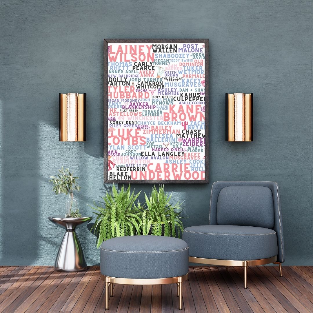 Pink Country Music Artist Word Art Print – Lainey Wilson, Morgan Wallen, Carrie Underwood, Luke Combs & More –  Country Concert Décor (A4 & A5)