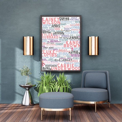 Pink Country Music Artist Word Art Print – Lainey Wilson, Morgan Wallen, Carrie Underwood, Luke Combs & More –  Country Concert Décor (A4 & A5)