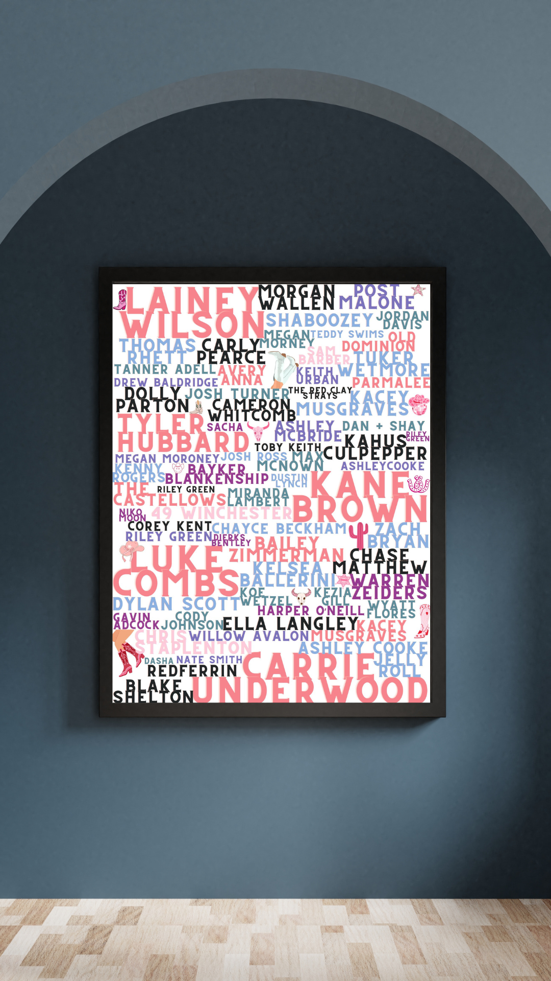 Pink Country Music Artist Word Art Print – Lainey Wilson, Morgan Wallen, Carrie Underwood, Luke Combs & More –  Country Concert Décor (A4 & A5)