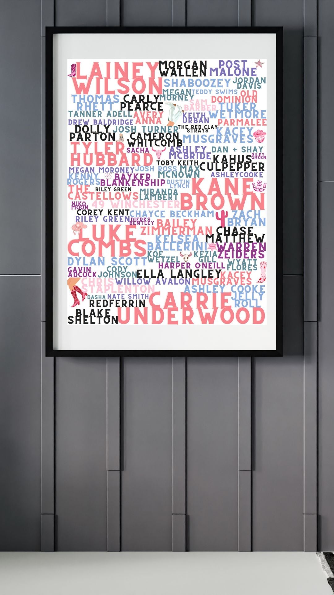 Pink Country Music Artist Word Art Print – Lainey Wilson, Morgan Wallen, Carrie Underwood, Luke Combs & More –  Country Concert Décor (A4 & A5)