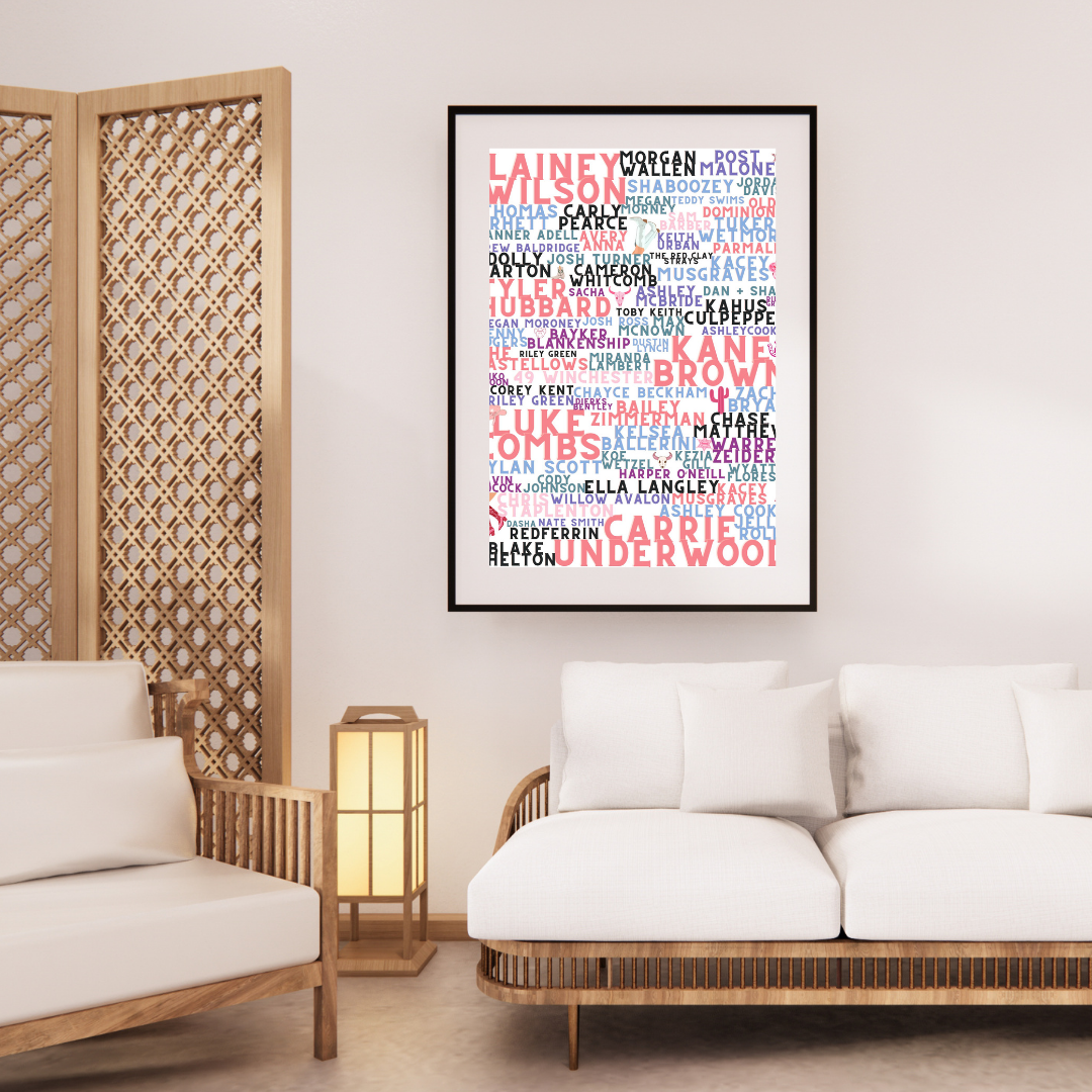 Pink Country Music Artist Word Art Print – Lainey Wilson, Morgan Wallen, Carrie Underwood, Luke Combs & More –  Country Concert Décor (A4 & A5)