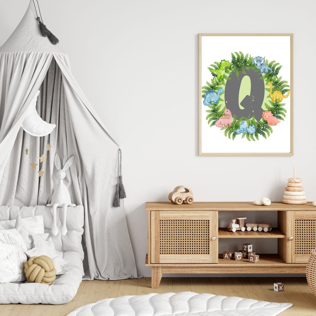 Dinosaur A-Z Alphabet Monogram Wall Art Print – Personalized Prehistoric Nursery Décor, Kids Room Printable, Educational Dinosaur Name Initial Poster