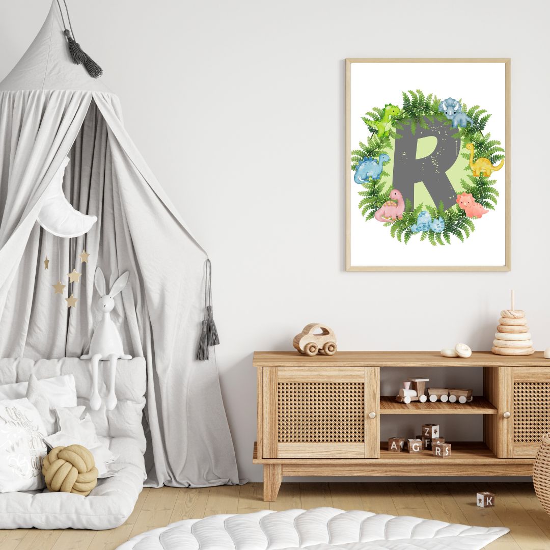 Dinosaur A-Z Alphabet Monogram Wall Art Print – Personalized Prehistoric Nursery Décor, Kids Room Printable, Educational Dinosaur Name Initial Poster