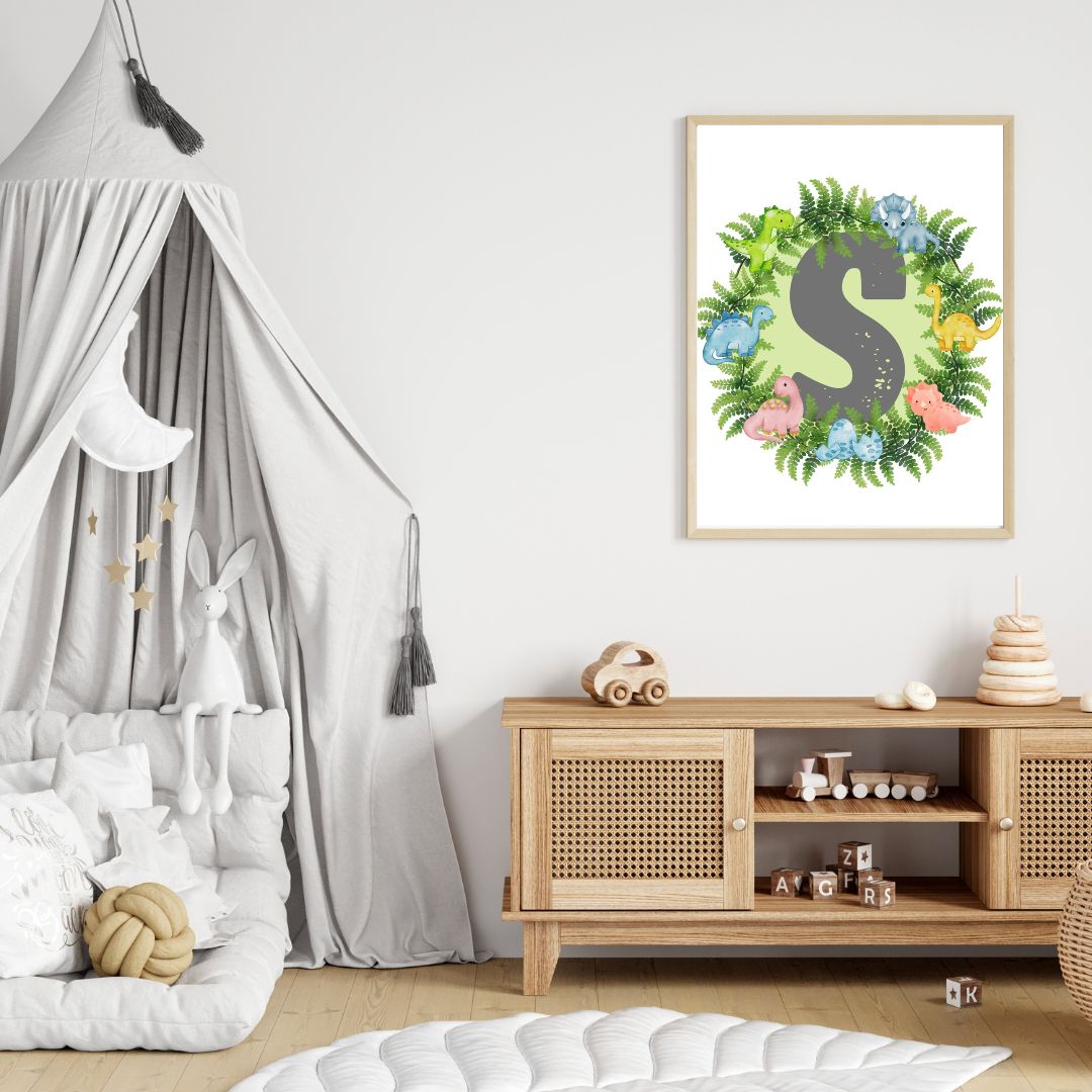 Dinosaur A-Z Alphabet Monogram Wall Art Print – Personalized Prehistoric Nursery Décor, Kids Room Printable, Educational Dinosaur Name Initial Poster