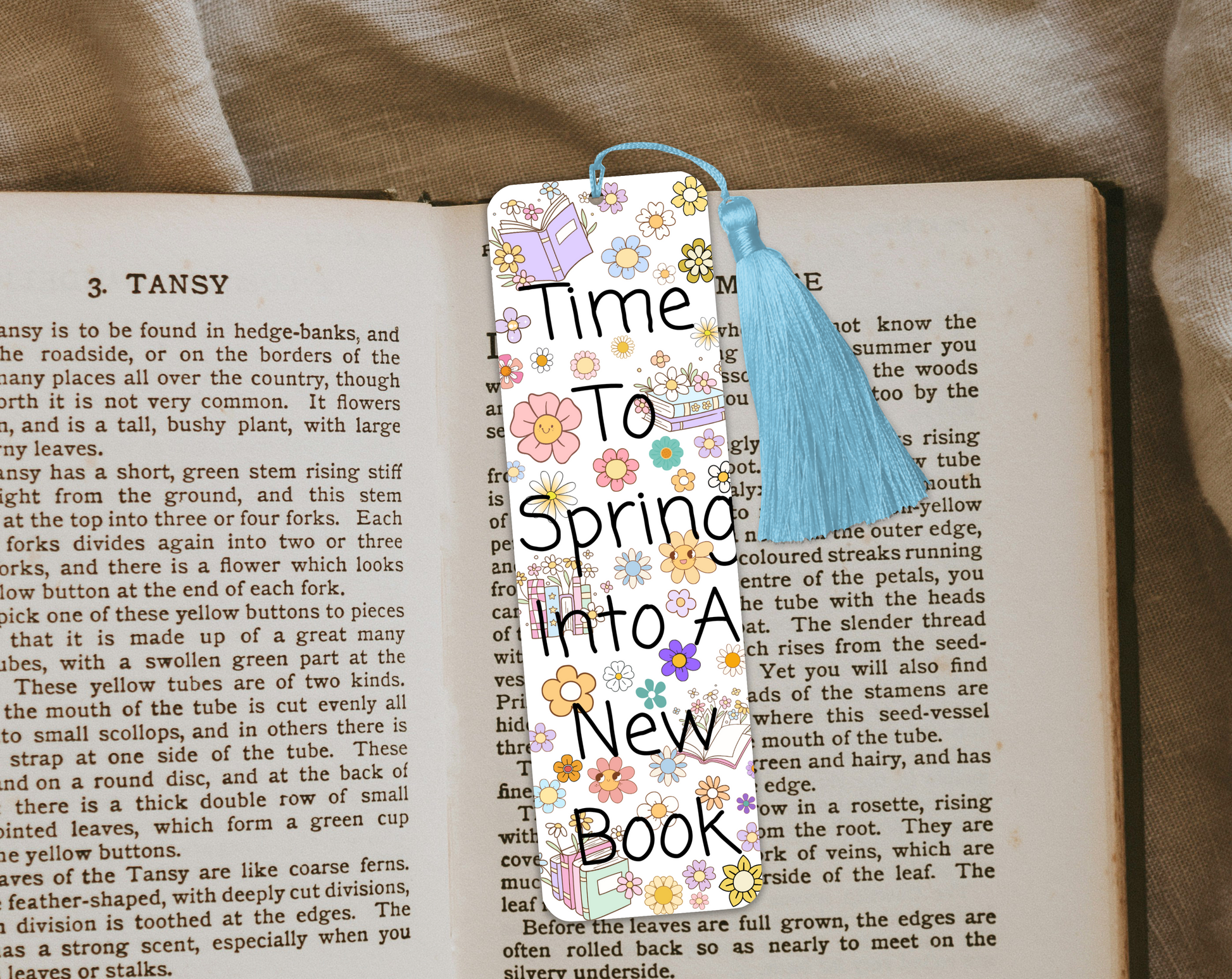 Spring Flower Bookmark – "Time to Spring Into a New Book" – Cute Floral Bookish Gift – Rounded or Square Corners, With or Without Tassel