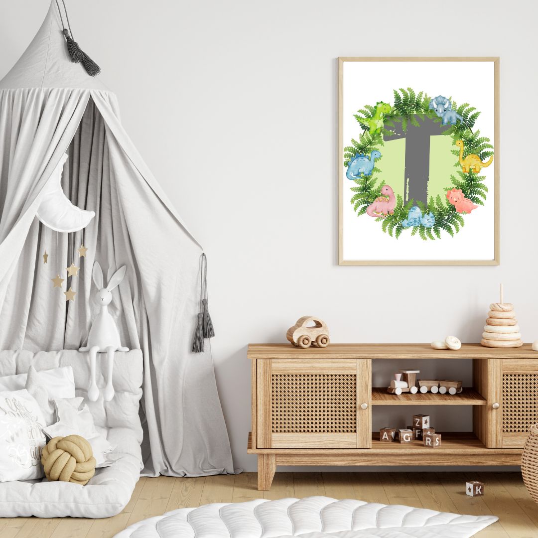 Dinosaur A-Z Alphabet Monogram Wall Art Print – Personalized Prehistoric Nursery Décor, Kids Room Printable, Educational Dinosaur Name Initial Poster