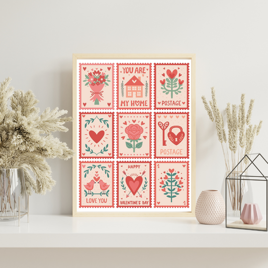 Valentine’s Day Postage Stamp Wall Art – Cute Country Core Aesthetic, Vintage Love Print, Romantic Décor for Bedroom or Gallery Wall (A4 & A5 Sizes)