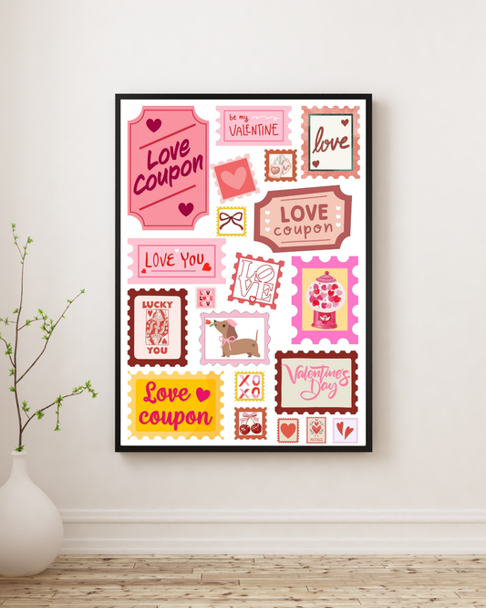 Valentine’s Day Wall Art Print - Retro Love Coupon & Stamp Collage - Romantic Décor