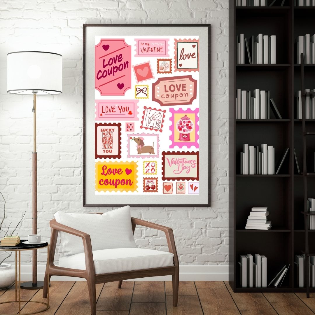 Valentine’s Day Wall Art Print - Retro Love Coupon & Stamp Collage - Romantic Décor