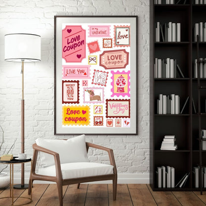 Valentine’s Day Wall Art Print - Retro Love Coupon & Stamp Collage - Romantic Décor
