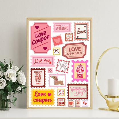 Valentine’s Day Wall Art Print - Retro Love Coupon & Stamp Collage - Romantic Décor