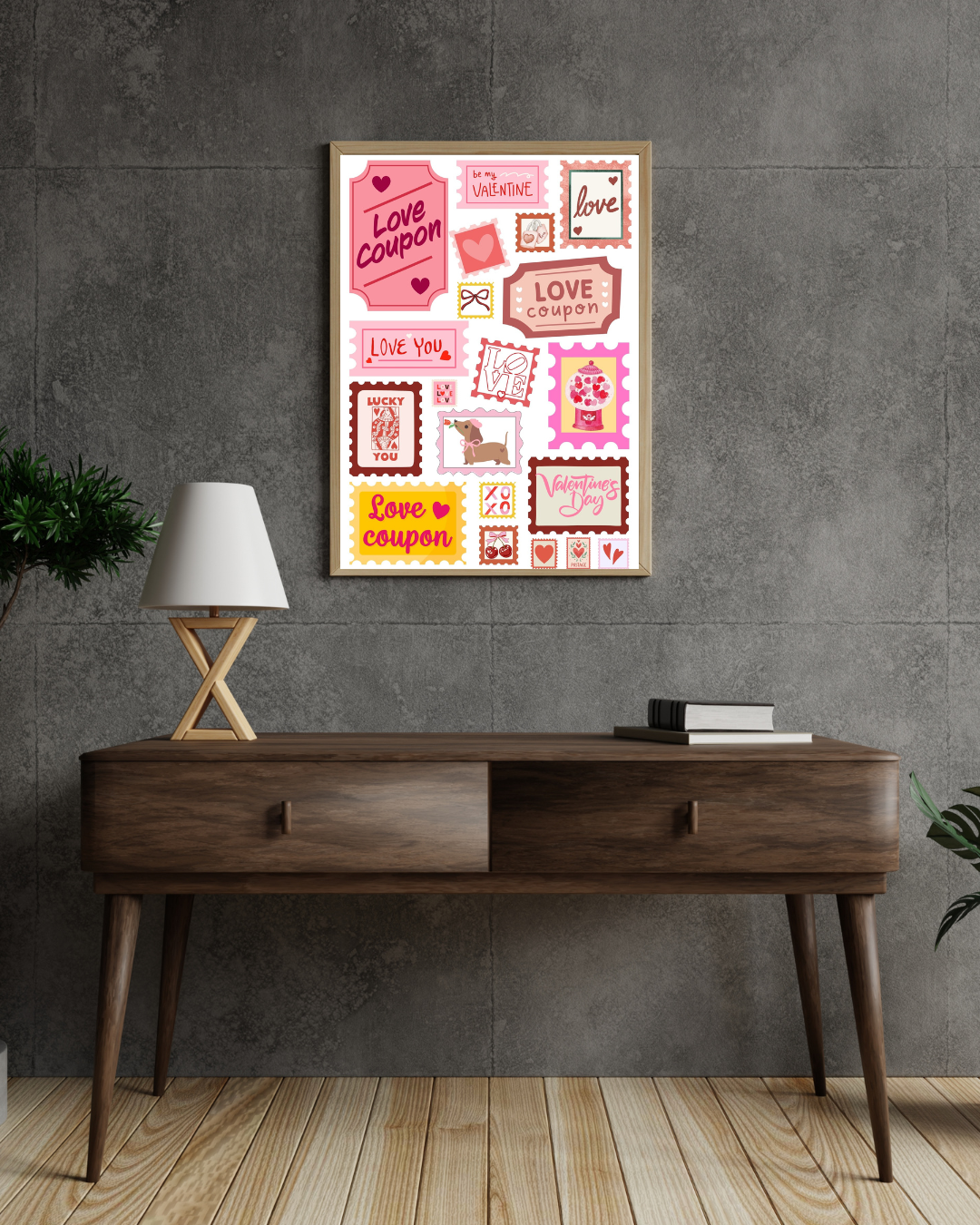 Valentine’s Day Wall Art Print - Retro Love Coupon & Stamp Collage - Romantic Décor