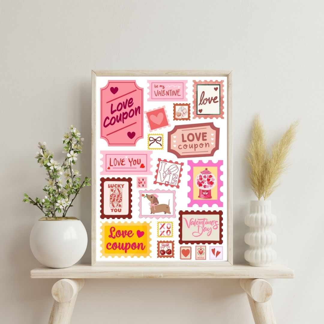 Valentine’s Day Wall Art Print - Retro Love Coupon & Stamp Collage - Romantic Décor