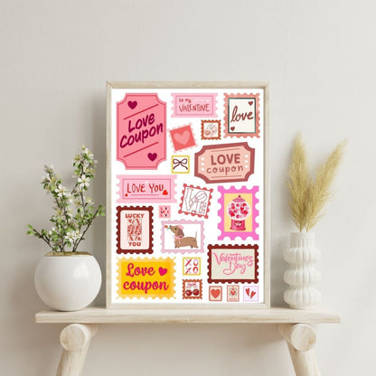 Valentine’s Day Wall Art Print - Retro Love Coupon & Stamp Collage - Romantic Décor