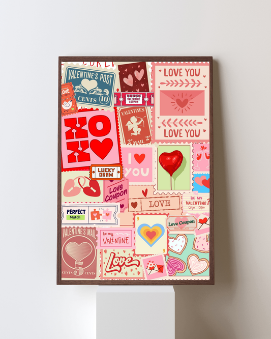 Valentine’s Love Stamp Wall Art - Retro Romantic Coupon & Heart Print - Pink Collage Dorm Décor