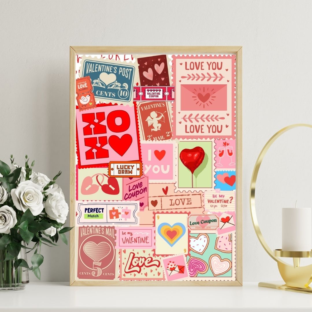 Valentine’s Love Stamp Wall Art - Retro Romantic Coupon & Heart Print - Pink Collage Dorm Décor
