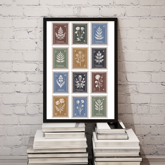 Vintage Botanical Postage Stamp Art Print – Retro Boho Wildflower Illustration Wall Décor