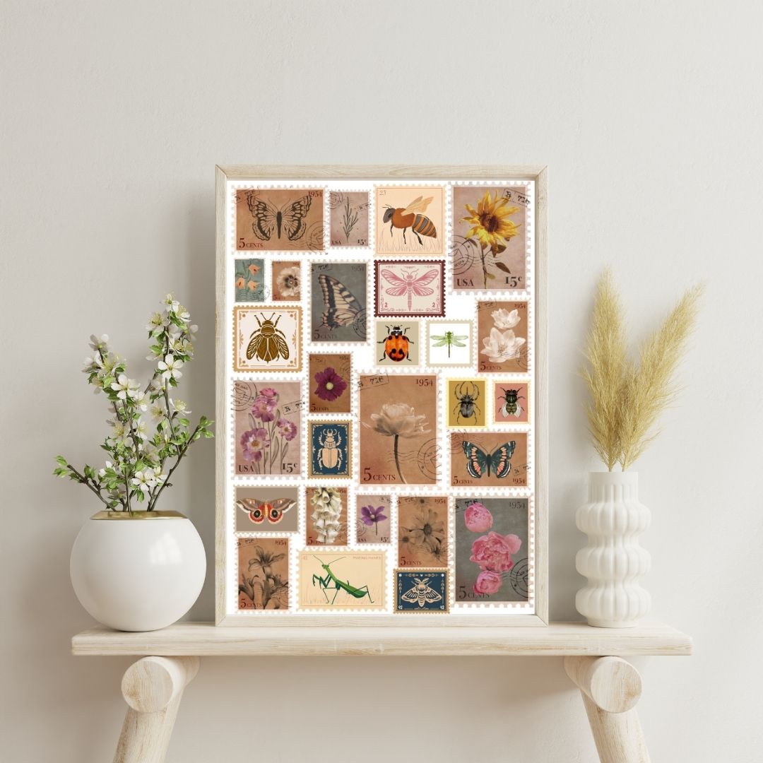 Vintage Nature Stamp Art Print – Botanical & Insect Collage with Butterflies, Bees, Flowers & Bugs – Retro Aesthetic Wall Décor (A4 & A5 Sizes)