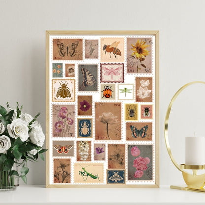 Vintage Nature Stamp Art Print – Botanical & Insect Collage with Butterflies, Bees, Flowers & Bugs – Retro Aesthetic Wall Décor (A4 & A5 Sizes)