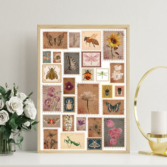 Vintage Nature Stamp Art Print – Botanical & Insect Collage with Butterflies, Bees, Flowers & Bugs – Retro Aesthetic Wall Décor (A4 & A5 Sizes)