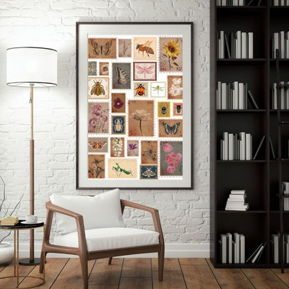 Vintage Nature Stamp Art Print – Botanical & Insect Collage with Butterflies, Bees, Flowers & Bugs – Retro Aesthetic Wall Décor (A4 & A5 Sizes)