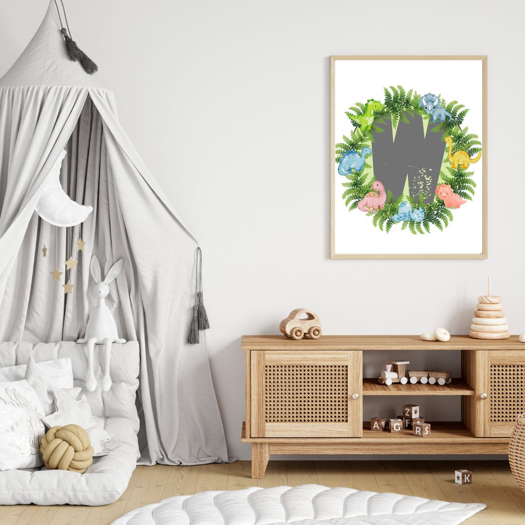 Dinosaur A-Z Alphabet Monogram Wall Art Print – Personalized Prehistoric Nursery Décor, Kids Room Printable, Educational Dinosaur Name Initial Poster