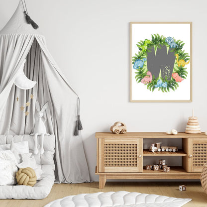 Dinosaur A-Z Alphabet Monogram Wall Art Print – Personalized Prehistoric Nursery Décor, Kids Room Printable, Educational Dinosaur Name Initial Poster