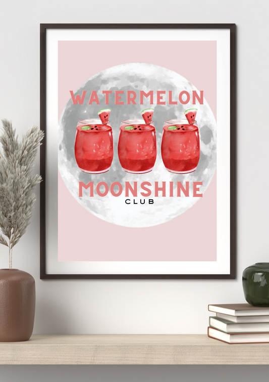 Watermelon Moonshine Club Print – Pink Country Girl Wall Art with Cocktails & Full Moon Aesthetic – Southern Western Décor (A4 & A5 Sizes)